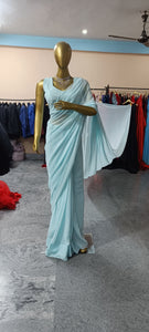 L102, sky blue Georgette Prewedding Shoot Long Trail  Saree, Size (XS-30 to L-38)