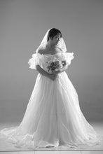 Load image into Gallery viewer, W160, White Satin Organza Ruffle Sleeves Wedding Trail Gown, Size (ALL)
