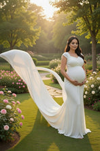 Load image into Gallery viewer, G47, White Maternity Baby Shower Long Trail  Lycra Fit Gown, Size (All)
