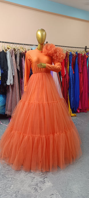 G4024, orange Frilled Maternity Shoot Trail Gown, Size (All)pp