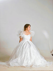 W160, White Satin Organza Ruffle Sleeves Wedding Trail Gown, Size (ALL)
