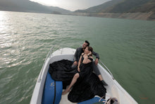 Load image into Gallery viewer, G904 (2), Black satin slit cut PreWedding Shoot Long Trail Gown, Size (All)