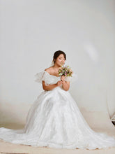 Load image into Gallery viewer, W160, White Satin Organza Ruffle Sleeves Wedding Trail Gown, Size (ALL)