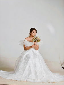 W160, White Satin Organza Ruffle Sleeves Wedding Trail Gown, Size (ALL)