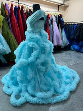 Load image into Gallery viewer, G3126, Blue Slit Cut Frilled Maternity Shoot Trail Gown p