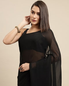 L104,  black plane Georgette Prewedding Shoot Long Trail  Saree, Size (XS-30 to L-38)