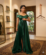 Load image into Gallery viewer, G900(2), Castelon Green Satin Slit cut Pre Wedding Shoot Long Trail Gown, Size (All)