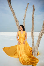 Load image into Gallery viewer, G650,(2) Mustard slit cut shoot Long Trail Gown, Size (All)
