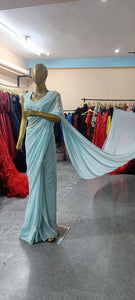 L102, sky blue Georgette Prewedding Shoot Long Trail  Saree, Size (XS-30 to L-38)