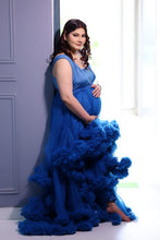 Load image into Gallery viewer, G1057, Navy Blue Ruffled Slit Cut Maternity Shoot Trail Gown Size (All)