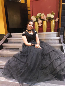 G846, Black Semi Off Shoulder Ball Gown, Size (XS-30 to XL-35)