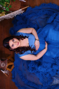 G1057, Navy Blue Ruffled Slit Cut Maternity Shoot Trail Gown Size (All)