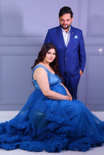 Load image into Gallery viewer, G1057, Navy Blue Ruffled Slit Cut Maternity Shoot Trail Gown Size (All)