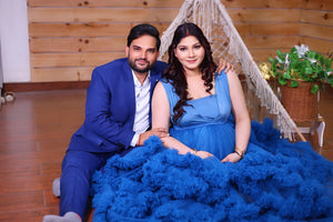 G1057, Navy Blue Ruffled Slit Cut Maternity Shoot Trail Gown Size (All)