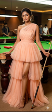 Load image into Gallery viewer, G1143, Peach TubeTop Front Short Frilled long Trail Shoot Gown Size (All)