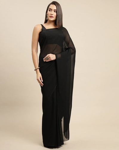 L104,  black plane Georgette Prewedding Shoot Long Trail  Saree, Size (XS-30 to L-38)