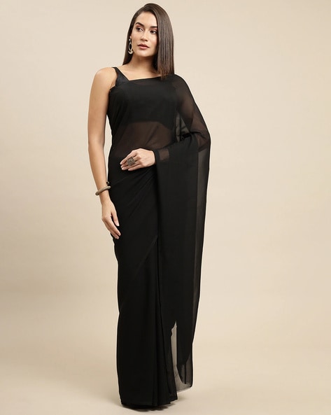 L104,  black plane Georgette Prewedding Shoot Long Trail  Saree, Size (XS-30 to L-38)