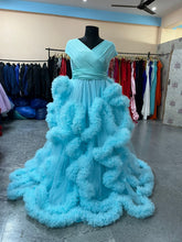 Load image into Gallery viewer, G3126, Blue Slit Cut Frilled Maternity Shoot Trail Gown p