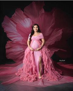 G4041, Peach Ruffled Maternity Shoot Trail Gown, Size(All)pp