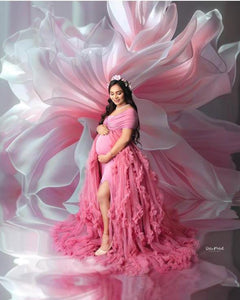G4041, Peach Ruffled Maternity Shoot Trail Gown, Size(All)pp