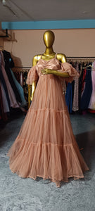 G553, Copper Brown Ruffled Shoot Trail Gown, Size (All)pp