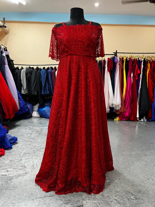 G1132, Wine full Lace Shoot Trail Gown, Size (ALL)pp