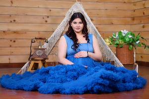 G1057, Navy Blue Ruffled Slit Cut Maternity Shoot Trail Gown Size (All)