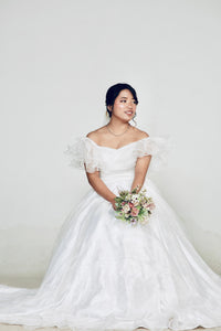 W160, White Satin Organza Ruffle Sleeves Wedding Trail Gown, Size (ALL)
