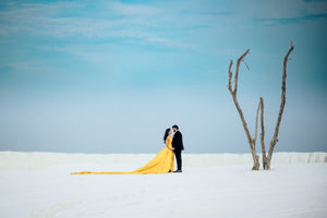 G650,(2) Mustard slit cut shoot Long Trail Gown, Size (All)