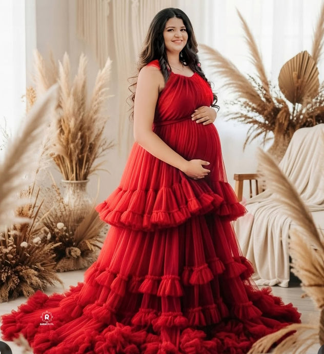 G3000 , Red wine Ruffled Maternity Shoot Trail Gown, Size(All)pp