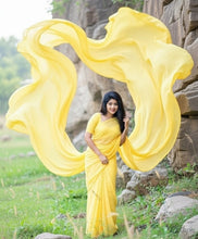 Load image into Gallery viewer, L507, Yellow Georgette Prewedding Shoot Long Trail  Saree, Size (XS-30 to L-38)