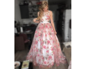 G210 (7), Light Pink Floral Ball Gown with Trail, Size (XS-30 to 4XL -48)