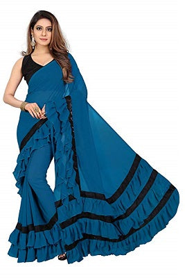 L75, Sky Blue Ruffle Saree, Size (XS-30 to L-38)
