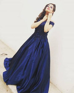 G132 (4), Navy Blue Satin Off Shoulder Trail Ball gown