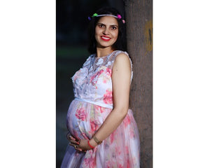 G210 (7), Light Pink Floral Maternity Shoot Baby Shower Trail Gown, Size (XS-30 to 4XL-48)