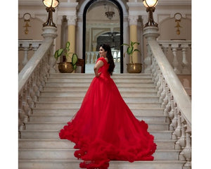 G137 (9), Luxury Red Puffy Cloud Trail Ball Gown, Size (XS-30 to xl 42)