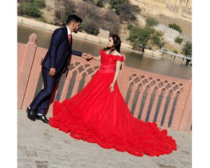 G137 (9), Luxury Red Puffy Cloud Trail Ball Gown, Size (XS-30 to xl 42)