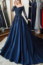 Load image into Gallery viewer, G329, Navy blue Satin Semi Off Shoulder Full Sleeves Prewedding Shoot Trail Ball Gown, Size (XS-30 to XXL-42)