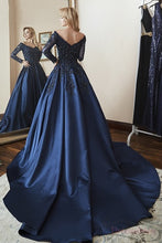 Load image into Gallery viewer, G329, Navy blue Satin Semi Off Shoulder Full Sleeves Prewedding Shoot Trail Ball Gown, Size (XS-30 to XXL-42)