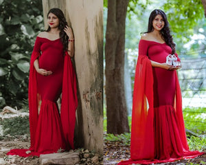 G181 (5) Wine Maternity Shoot Long Sleeves Trail Baby Shower Lycra Fit Gown, Size (ALL)