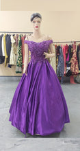 Load image into Gallery viewer, G131, New Purple Satin Off Shoulder Ball gown, Size (XS-30 to XL-40)