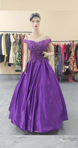 G131, New Purple Satin Off Shoulder Ball gown, Size (XS-30 to XL-40)