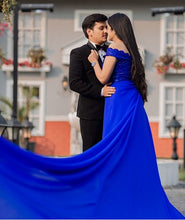 Load image into Gallery viewer, G300 (12), Royal Blue prewedding top lace work georgette long trail Gown, Size(All)