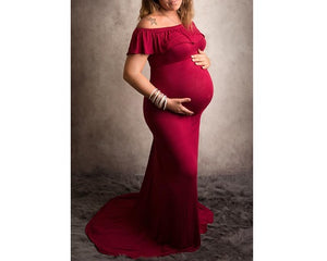 G42 (4),  Long Off Shoulder Wine Maternity shoot Baby Shower Lycra Body Fit Gown, Size (ALL)