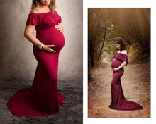 Load image into Gallery viewer, G42 (4),  Long Off Shoulder Wine Maternity shoot Baby Shower Lycra Body Fit Gown, Size (ALL)