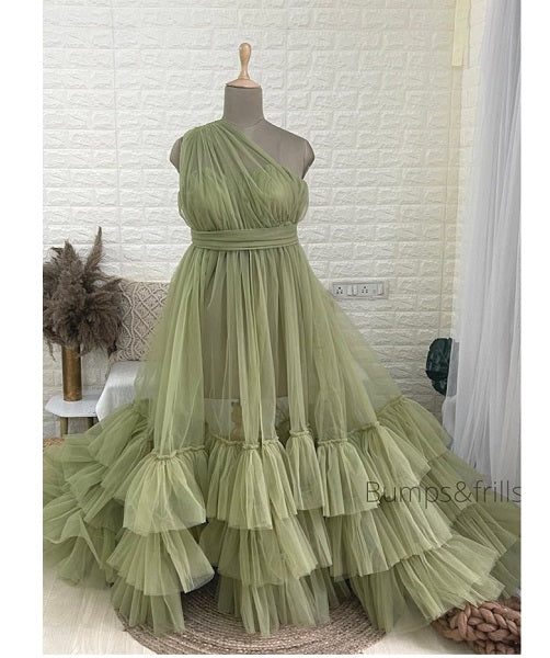 G55 (6), Tea Green Ruffled Maternity Shoot Gown, Size (All Sizes
