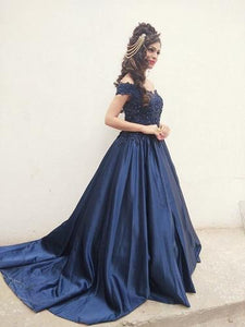 G132 (4), Navy Blue Satin Off Shoulder Trail Ball gown, Size (XS-30 to XL-40)
