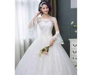 W176, White Long Flair Sleeve Wedding Ball Gown, Size (XS-30 to XL-40)