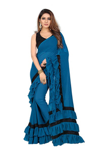 L75, Sky Blue Ruffle Saree, Size (XS-30 to L-38)