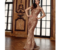 Load image into Gallery viewer, G153, Golden Sequin Mermaid Cocktail Evening Gown, Size (XS-30 to L-36)